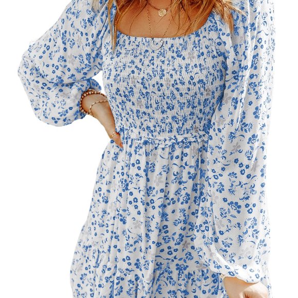 Light Blue Boho Floral Smocked Puff Sleeve Mini Dress NWOT. - Picture 3 of 3